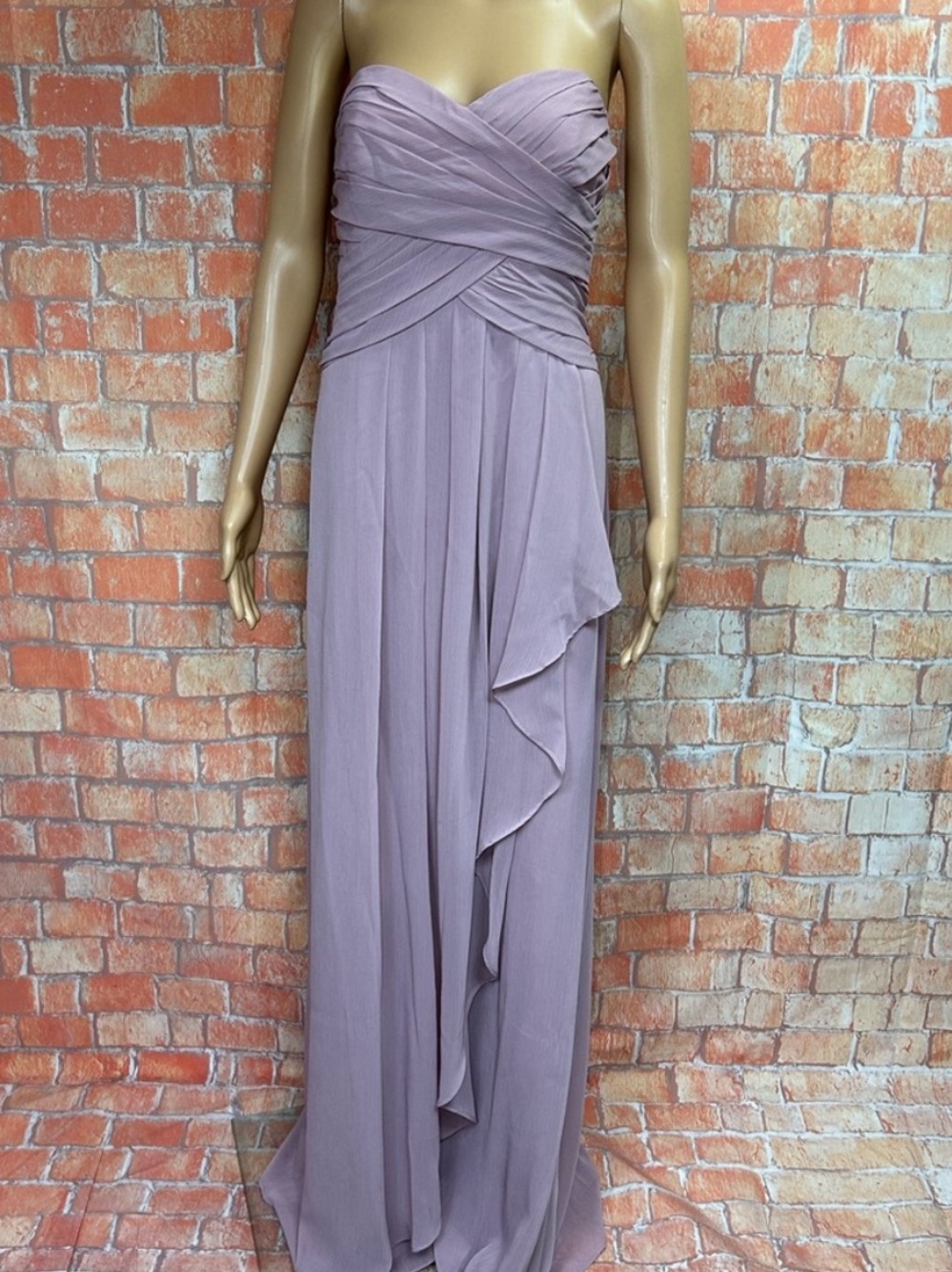 David’s Bridal Quartz Pink Crinkle Chiffon Gown with Cascade Skirt